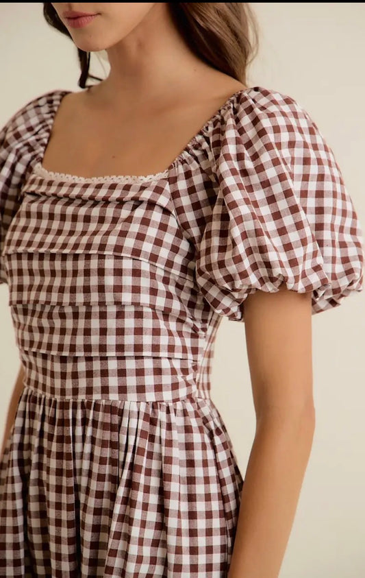 Gingham Puff Sleeve Midi Dress