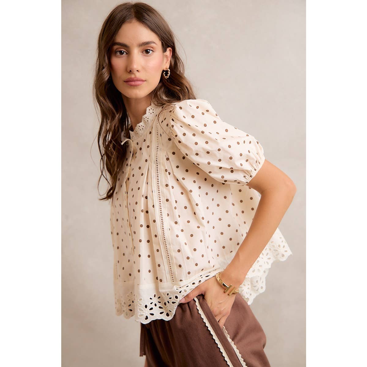 POLKA DOT LACE TRIM BLOUSE