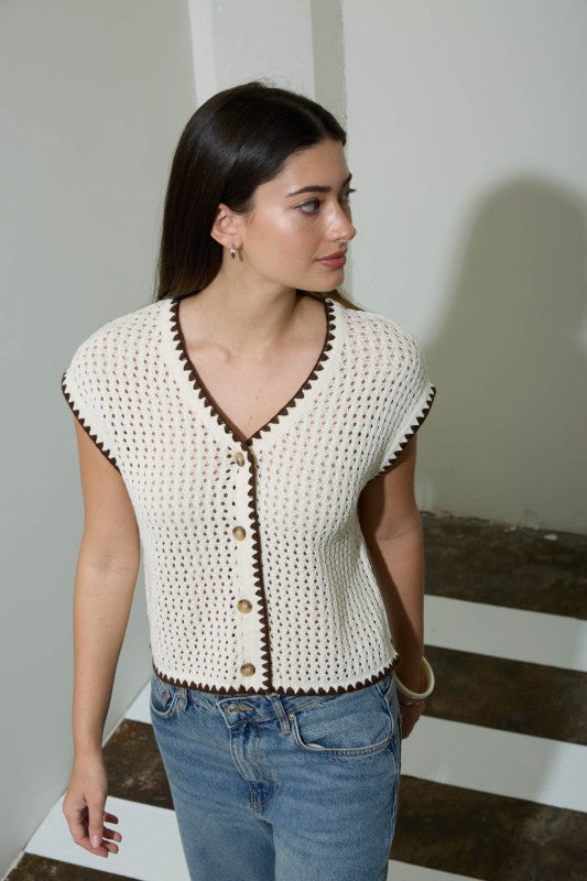 Cream with Brown Trim Cardigan