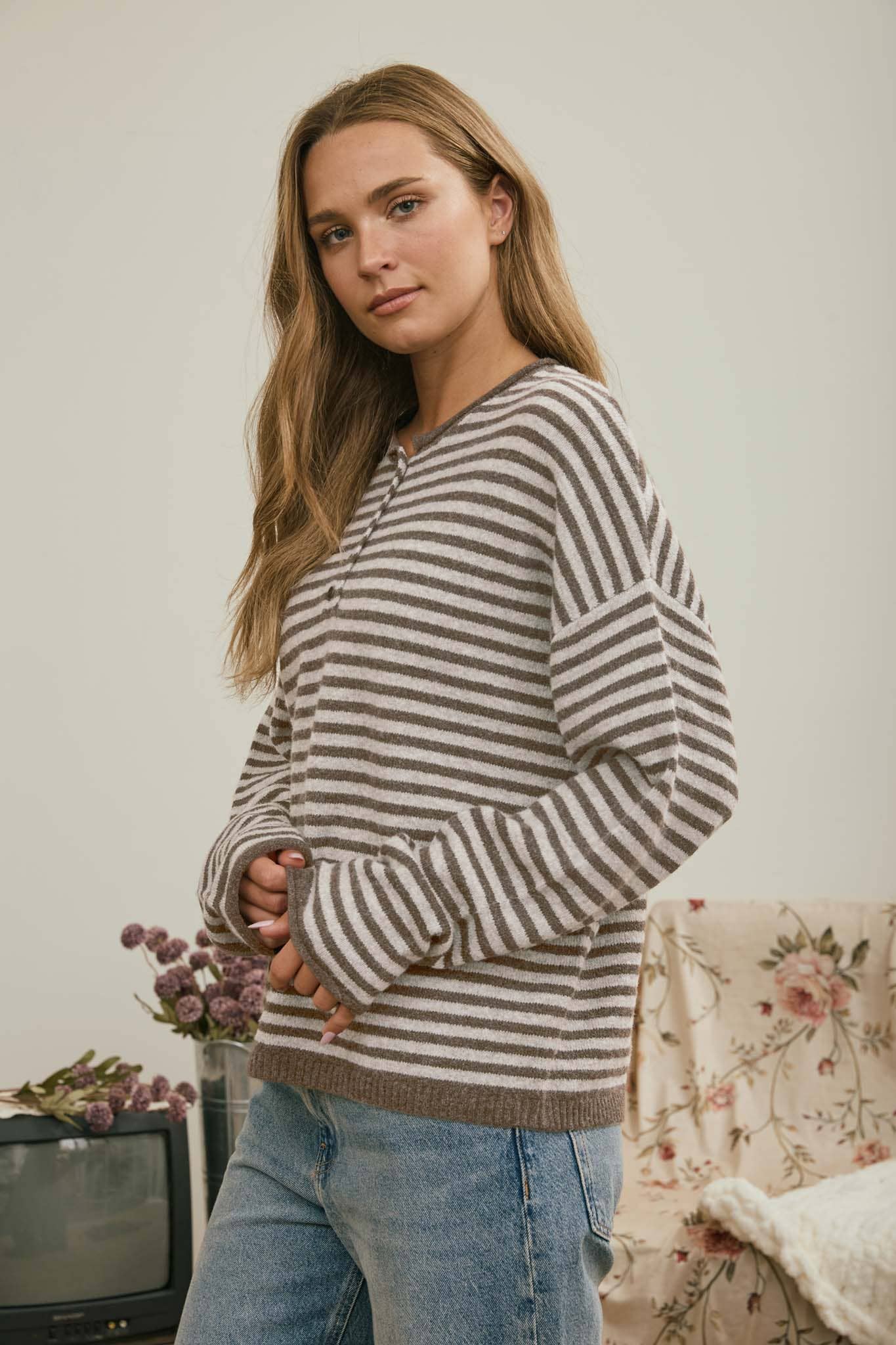 HENLEY DROP SHOULDER SWEATER