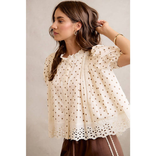 POLKA DOT LACE TRIM BLOUSE