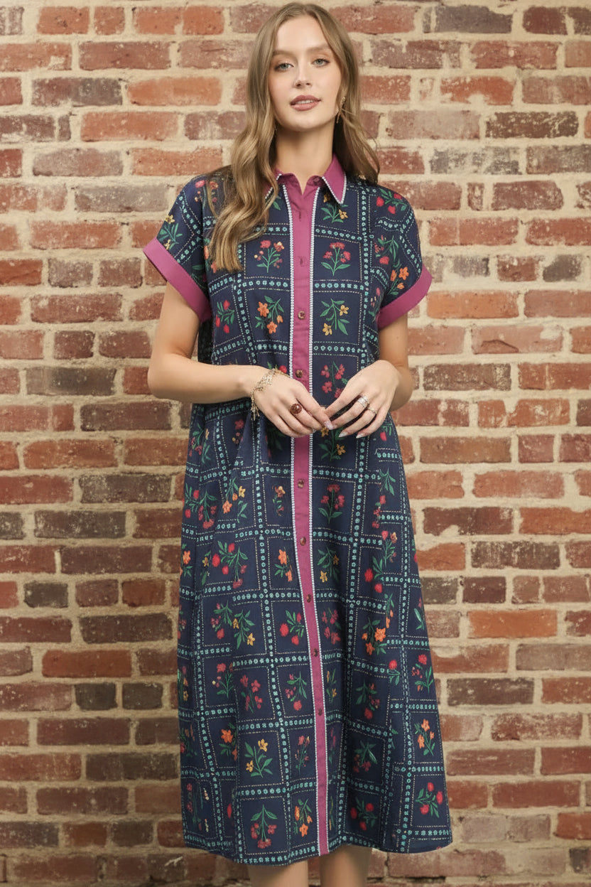 Navy Floral Midi Dresd