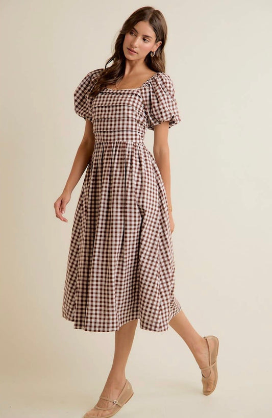 Gingham Puff Sleeve Midi Dress