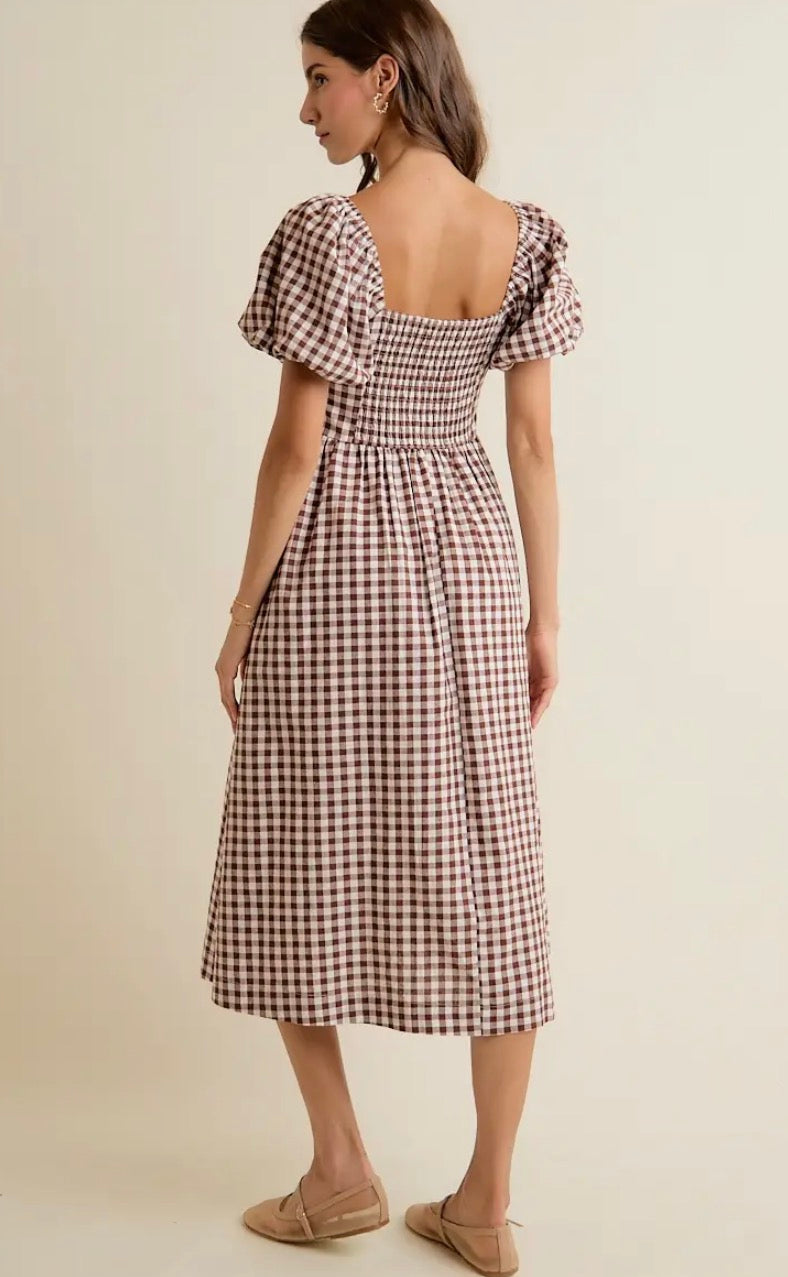 Gingham Puff Sleeve Midi Dresd