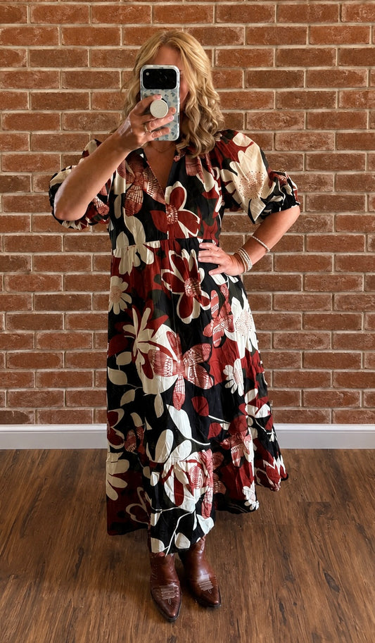 Rust Floral Midi Dress