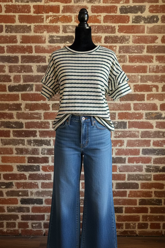 Jacquard Stripe Ruffle Sleeve Top
