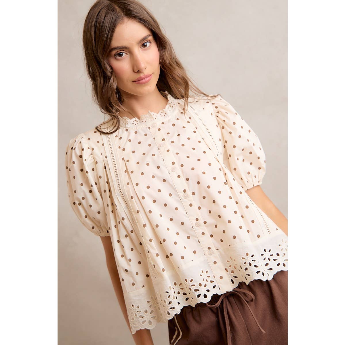 POLKA DOT LACE TRIM BLOUSE
