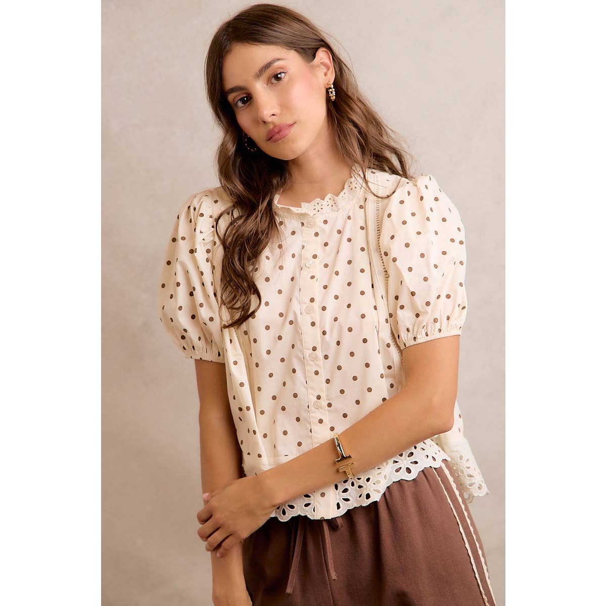 POLKA DOT LACE TRIM BLOUSE