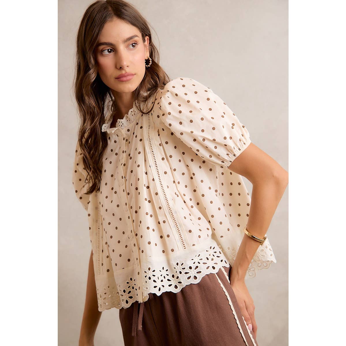 POLKA DOT LACE TRIM BLOUSE