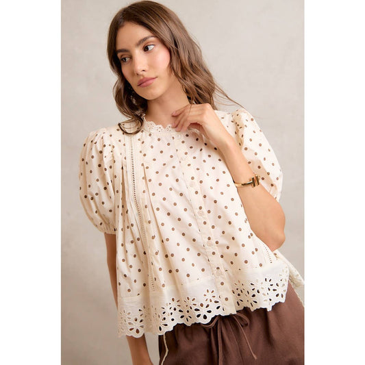 POLKA DOT LACE TRIM BLOUSE