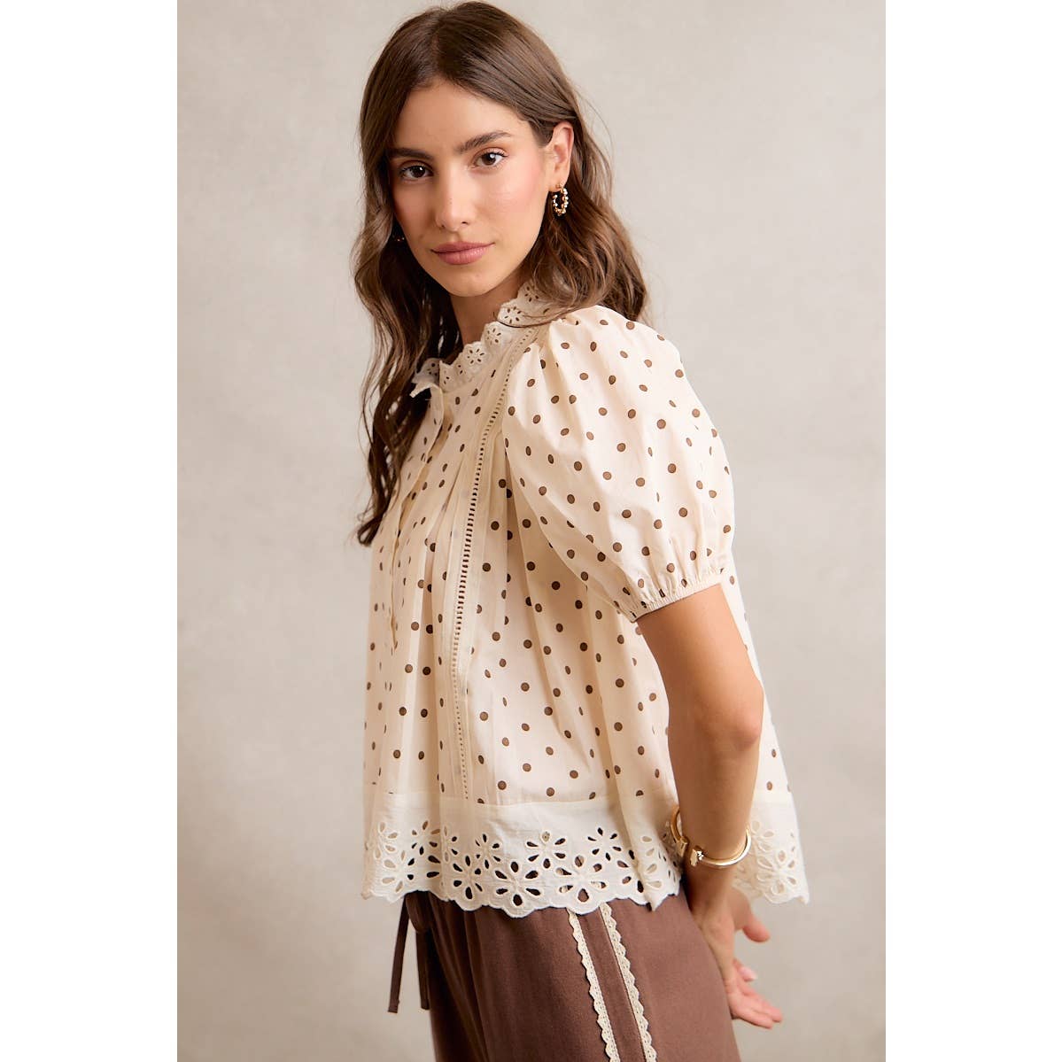 POLKA DOT LACE TRIM BLOUSE