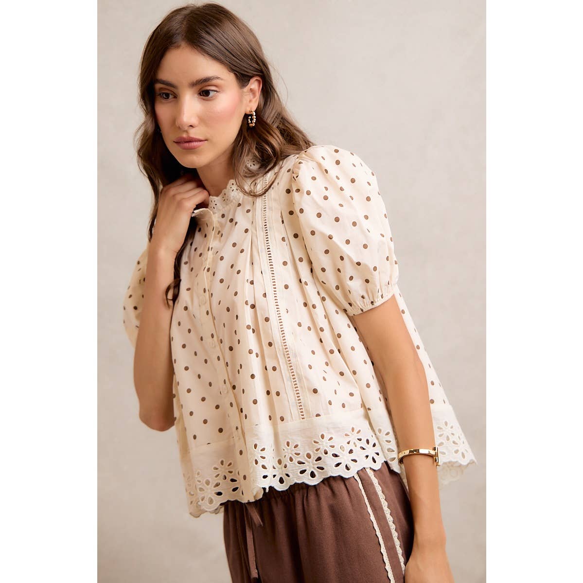 POLKA DOT LACE TRIM BLOUSE