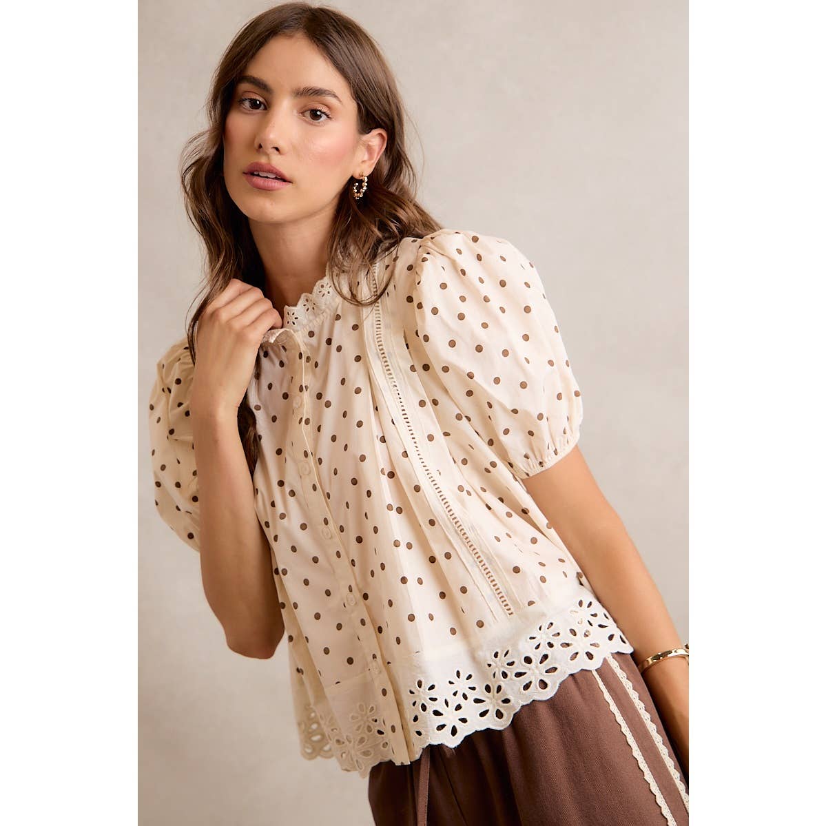 POLKA DOT LACE TRIM BLOUSE